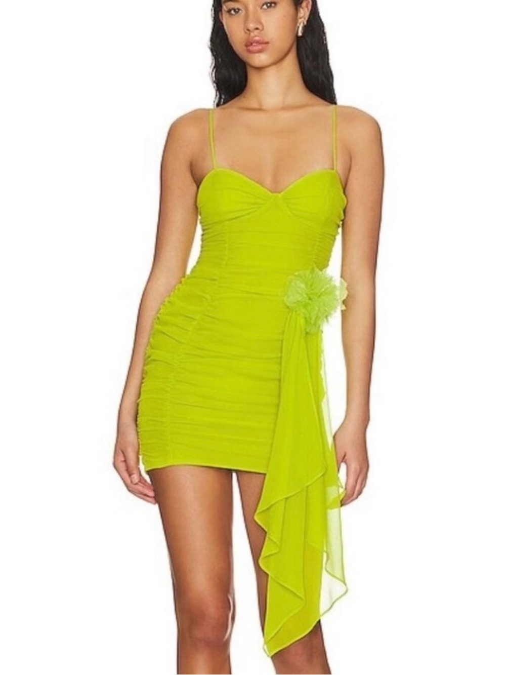 For Love And Lemons Lorlai Lime Green Ruched Mini Dress with Floral Sash